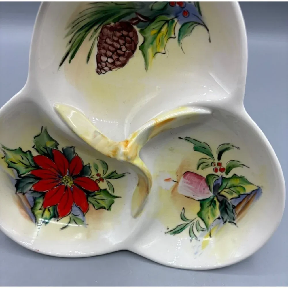 Vtg Ucagco Japan‎ Tri-Section Holiday Ceramic Serving Trinket Dish Holly